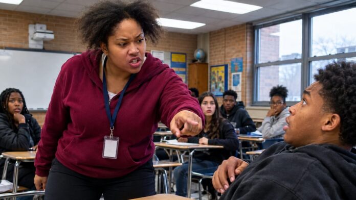AI-generated illustration: Fake Sub Amy Jones Faces 20 Years After Separating Students by Race