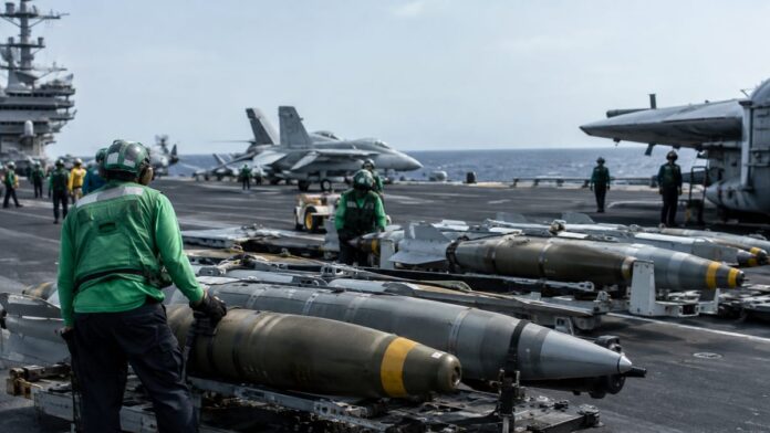 AI-generated illustration: WSJ: Navy Rearms Carrier With Bunker-Busters for Possible Iran Strikes