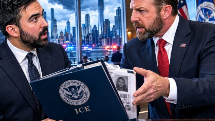 AI-generated illustration: Mullin Destroys Mamdani on ICE Abolish Push After Gang Defense