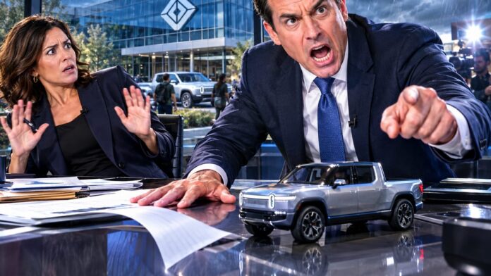 AI-generated illustration: Rivian Reports $100M Shortfall After Trump Cafe Standards Rollback