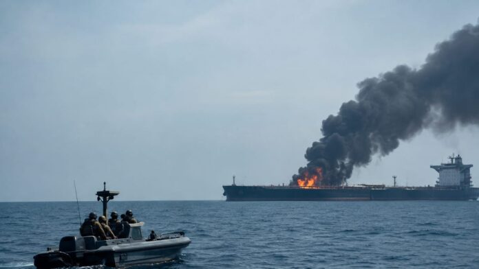 AI-generated illustration: Iran Claims Tankers Hit Mines in Hormuz After U.S. Said Lanes Cleared