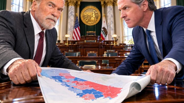 wp-5b00894e-547d-4ce9-ba9a-9c1e9e15dd52 AI-generated illustration: Schwarzenegger Torches Newsom California Redistricting as Fantasy