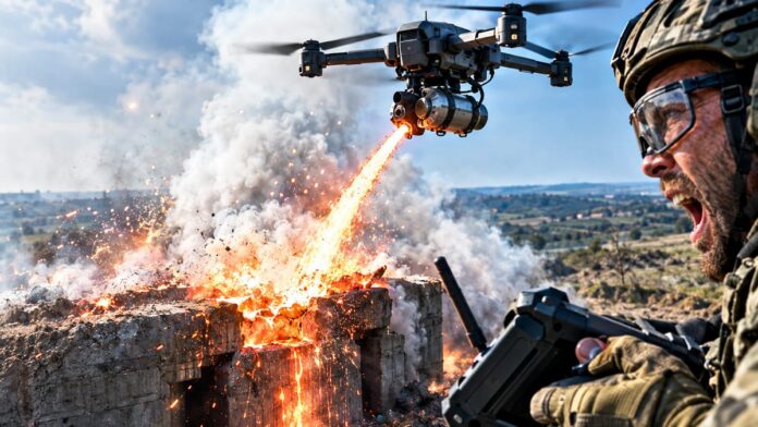AI-generated illustration: Dragon Drones Deploy Molten Iron Strikes on Fortified Positions