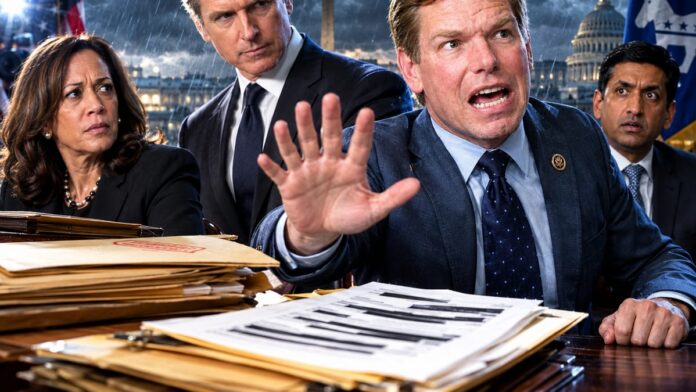 AI-generated illustration: FBI Files Expose $4M Fang Fang Network to Swalwell, Newsom, Harris