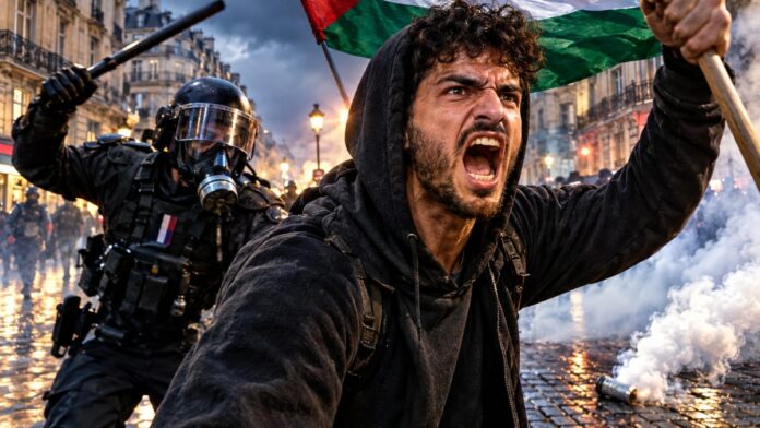 AI-generated illustration: Paris riots overwhelm police as Palestinian flags dominate streets