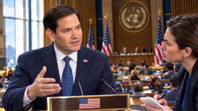 AI-generated illustration: Rubio defends America First policy, dares critics to run on 'America second'