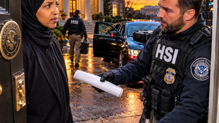 AI-generated illustration: Federal Agents Execute Search Warrant at Rep. Ilhan Omar D.C. Home